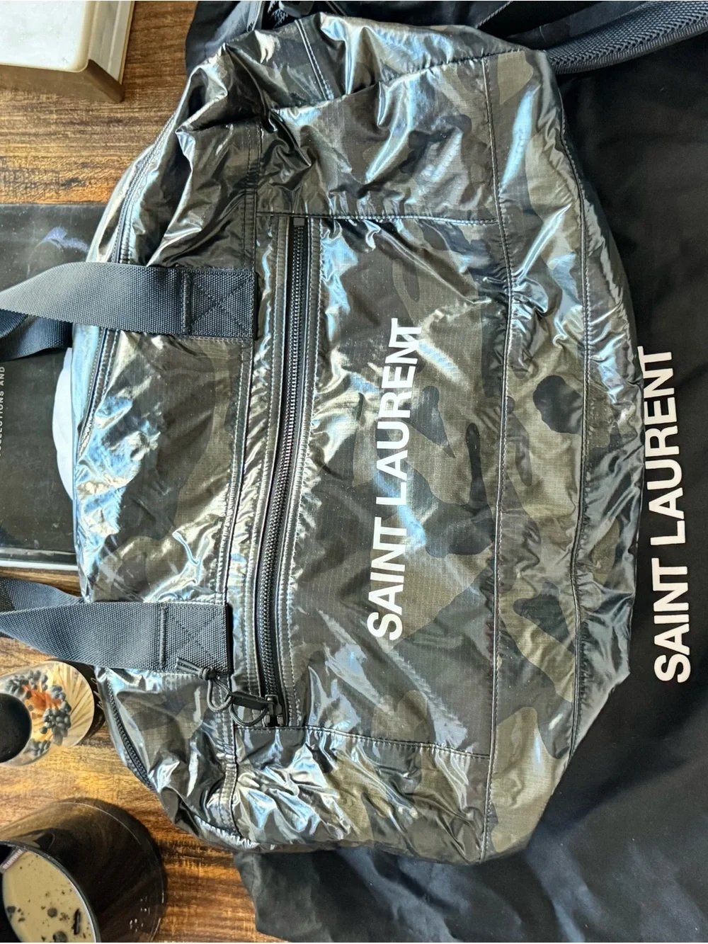 Saint Laurent Black Glossy Camouflage Duffel Bag with White Logo
